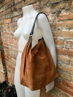 Slouch leather bag in rusty brown. Dark saddle brown hobo bag. Boho bag.Book or tablet bags in suede. Dark camel brown soft leather shopper