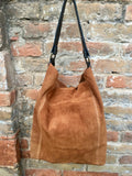 Slouch leather bag in rusty brown. Dark saddle brown hobo bag. Boho bag.Book or tablet bags in suede. Dark camel brown soft leather shopper