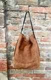 Slouch leather bag in rusty brown. Dark saddle brown hobo bag. Boho bag.Book or tablet bags in suede. Dark camel brown soft leather shopper