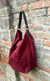 Slouch leather bag in BURGUNDY. Dark RED hobo bag. Boho bag.Book or tablet bags in genuine suede. Wine red leather shopper with zipper