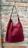 Slouch leather bag in BURGUNDY. Dark RED hobo bag. Boho bag.Book or tablet bags in genuine suede. Wine red leather shopper with zipper