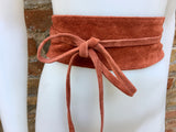 Wide obi belt in suede. Wrap belt in terracotta brown- ORANGE. Genuine leather soft suede sash, rusty brown suede wraparound boho belt