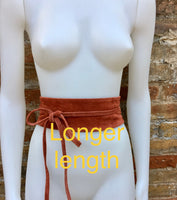 Wide obi belt in suede. Wrap belt in terracotta brown- ORANGE. Genuine leather soft suede sash, rusty brown suede wraparound boho belt