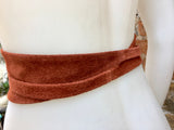 Wide obi belt in suede. Wrap belt in terracotta brown- ORANGE. Genuine leather soft suede sash, rusty brown suede wraparound boho belt