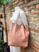 Tote leather bag in soft PINK. Leather shopper in pink. Soft natural GENUINE leather . Large pastel pink bag for your laptop, books