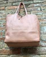 Tote leather bag in soft PINK. Leather shopper in pink. Soft natural GENUINE leather . Large pastel pink bag for your laptop, books