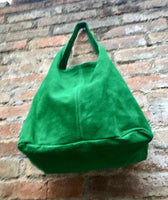 Large tote leather bag in GREEN with ZIPPER. Genuine leather SLOUCH bag. Boho bag. Laptop bag.Large suede leather bag.Green leather shopper