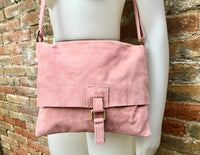 Suede bag in PINK. Genuine leather BOHO bag.Crossbody, messenger bag in soft natural leather for books or tablet with zipper.