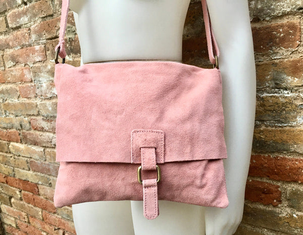 Suede bag in PINK. Genuine leather BOHO bag.Crossbody, messenger bag in soft natural leather for books or tablet with zipper.