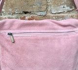 Suede bag in PINK. Genuine leather BOHO bag.Crossbody, messenger bag in soft natural leather for books or tablet with zipper.