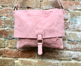 Suede bag in PINK. Genuine leather BOHO bag.Crossbody, messenger bag in soft natural leather for books or tablet with zipper.