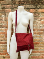 Suede bag in BURGUNDY. Genuine leather BOHO bag. Crossbody, messenger bag in soft leather for books or tablet with zipper. Boho suede bag