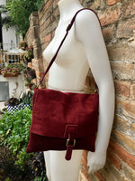 Suede bag in BURGUNDY. Genuine leather BOHO bag. Crossbody, messenger bag in soft leather for books or tablet with zipper. Boho suede bag