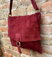 Suede bag in BURGUNDY. Genuine leather BOHO bag. Crossbody, messenger bag in soft leather for books or tablet with zipper. Boho suede bag