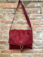 Suede bag in BURGUNDY. Genuine leather BOHO bag. Crossbody, messenger bag in soft leather for books or tablet with zipper. Boho suede bag