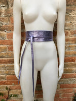 PURPLE leather OBI belt. Wide waist belt in soft genuine leather. Metallic shine wraparound belt, boho dress belt in silver color leather.