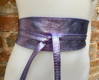 PURPLE leather OBI belt. Wide waist belt in soft genuine leather. Metallic shine wraparound belt, boho dress belt in silver color leather.