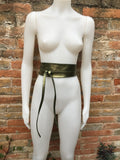 GREEN leather OBI belt. Wide waist belt in soft genuine leather. Metallic shine wraparound belt, boho dress belt in silver color leather.