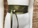 GREEN leather OBI belt. Wide waist belt in soft genuine leather. Metallic shine wraparound belt, boho dress belt in silver color leather.