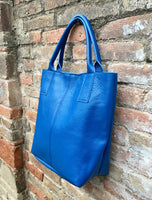 Tote leather bag in COBALT blue. Leather shopper in GENUINE leather. Large carry all bag for your laptop, books.BLUE leather shopper bag