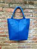 Tote leather bag in COBALT blue. Leather shopper in GENUINE leather. Large carry all bag for your laptop, books.BLUE leather shopper bag