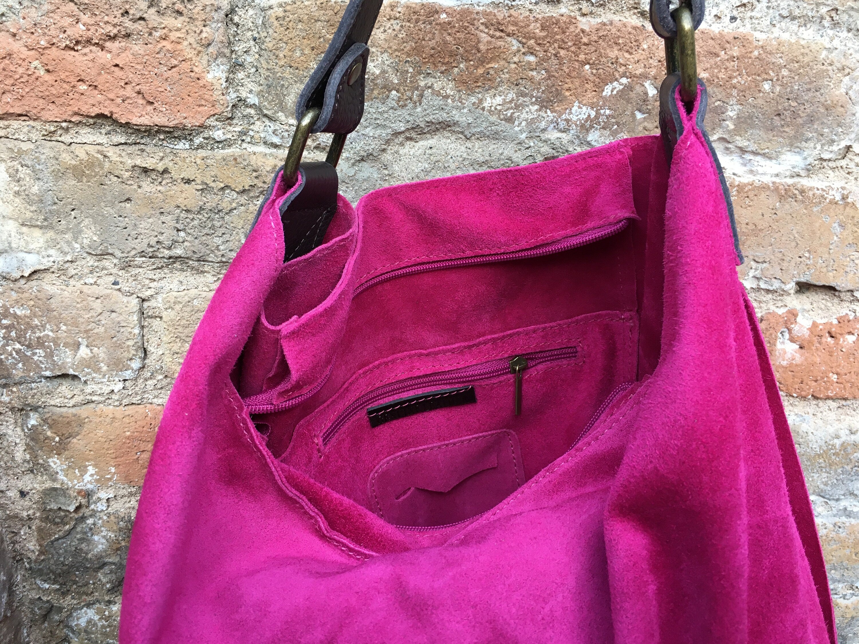 FUCHSIA Slouch leather bag, wide strap. Hot pink hobo bag. Soft genuine suede leather shopper w/accents in brown leather. Book, tablet bag.