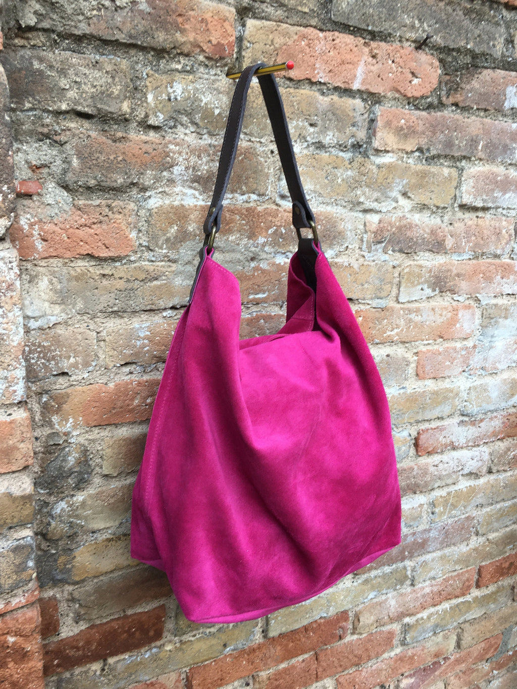 FUCHSIA Slouch leather bag, wide strap. Hot pink hobo bag. Soft genuine suede leather shopper w/accents in brown leather. Book, tablet bag.