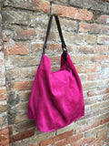FUCHSIA Slouch leather bag, wide strap. Hot pink hobo bag. Soft genuine suede leather shopper w/accents in brown leather. Book, tablet bag.