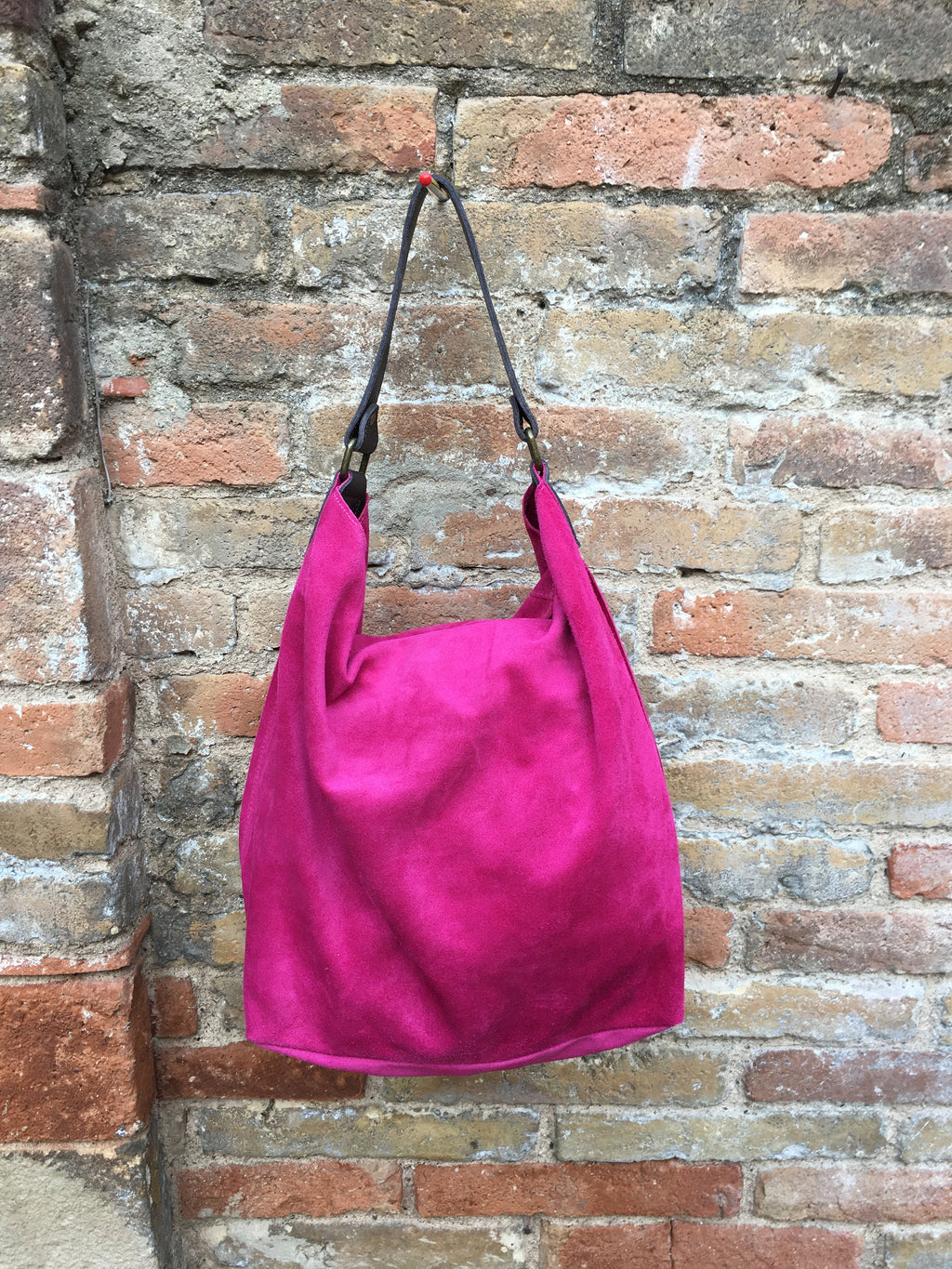 FUCHSIA Slouch leather bag, wide strap. Hot pink hobo bag. Soft genuine suede leather shopper w/accents in brown leather. Book, tablet bag.