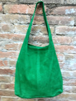 Large tote leather bag in GREEN with ZIPPER. Genuine leather SLOUCH bag. Boho bag. Laptop bag.Large suede leather bag.Green leather shopper