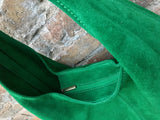 Large tote leather bag in GREEN with ZIPPER. Genuine leather SLOUCH bag. Boho bag. Laptop bag.Large suede leather bag.Green leather shopper