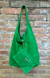 Large tote leather bag in GREEN with ZIPPER. Genuine leather SLOUCH bag. Boho bag. Laptop bag.Large suede leather bag.Green leather shopper