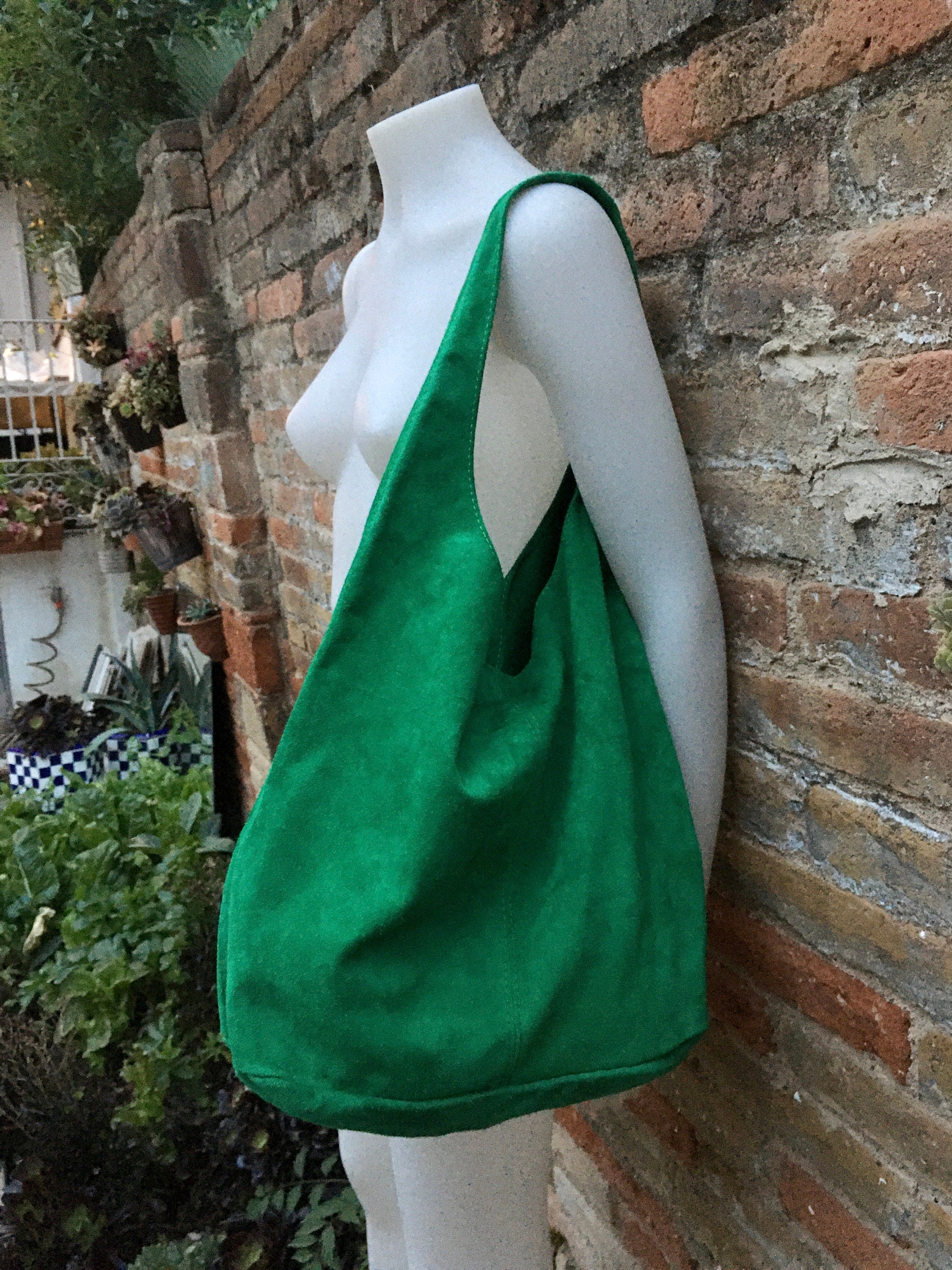 Large TOTE leather bag in GREEN . Genuine leather SLOUCH bag. Boho bag. Laptop bags in suede.Large suede leather bag.Green suede shopper bag
