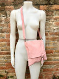Suede bag in PINK. Genuine leather BOHO bag.Crossbody, messenger bag in soft natural leather for books or tablet with zipper.