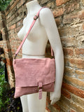 Suede bag in PINK. Genuine leather BOHO bag.Crossbody, messenger bag in soft natural leather for books or tablet with zipper.