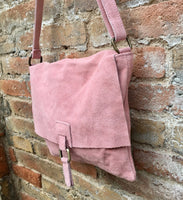 RESERVED: Suede bag in PINK. Genuine leather BOHO bag.Crossbody, messenger bag in soft natural leather for books or tablet with zipper.