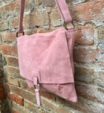 Suede bag in PINK. Genuine leather BOHO bag.Crossbody, messenger bag in soft natural leather for books or tablet with zipper.