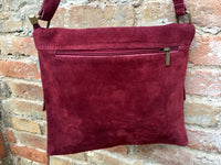 Suede bag in BURGUNDY. Genuine leather BOHO bag. Crossbody, messenger bag in soft leather for books or tablet with zipper. Boho suede bag