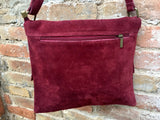 Suede bag in BURGUNDY. Genuine leather BOHO bag. Crossbody, messenger bag in soft leather for books or tablet with zipper. Boho suede bag