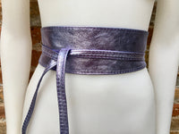 PURPLE leather OBI belt. Wide waist belt in soft genuine leather. Metallic shine wraparound belt, boho dress belt in silver color leather.