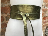 GREEN leather OBI belt. Wide waist belt in soft genuine leather. Metallic shine wraparound belt, boho dress belt in silver color leather.