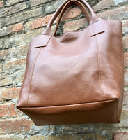 Tote leather bag in CAMEL brown. Leather shopper in GENUINE leather. Large carry all bag for your laptop, books. Brown leather shopper bag