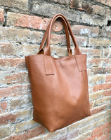 Tote leather bag in CAMEL brown. Leather shopper in GENUINE leather. Large carry all bag for your laptop, books. Brown leather shopper bag