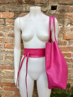 Tote leather bag in HOT PINK. Leather shopper bag in soft natural GENUINE leather. Large fuchsia color carry all bag for your laptop, books