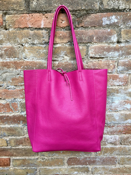 Tote leather bag in hot PINK. Leather shopper bag in soft natural GENUINE leather. Large fuchsia color carry all bag. Fuchsia pink purse