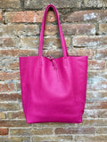 Tote leather bag in hot PINK. Leather shopper bag in soft natural GENUINE leather. Large fuchsia color carry all bag. Fuchsia pink purse