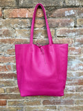 Tote leather bag in HOT PINK. Leather shopper bag in soft natural GENUINE leather. Large fuchsia color carry all bag for your laptop, books