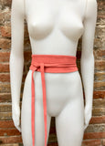 Coral PINK suede OBI belt. Genuine leather wraparound belt. Salmon pink boho wrap belt. Light coral color waist belt in soft natural suede.