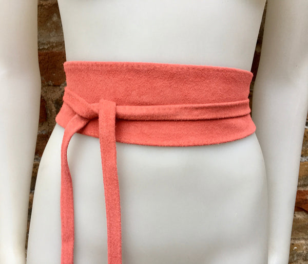 Coral PINK suede OBI belt. Genuine leather wraparound belt. Salmon pink boho wrap belt. Light coral color waist belt in soft natural suede.