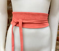 Coral PINK suede OBI belt. Genuine leather wraparound belt. Salmon pink boho wrap belt. Light coral color waist belt in soft natural suede.